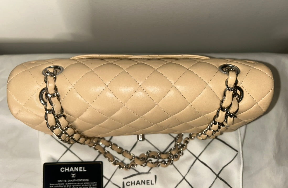 CHANEL Medium Classic Double Flap Quilted Lambskin Leather Handbag Beige Clair