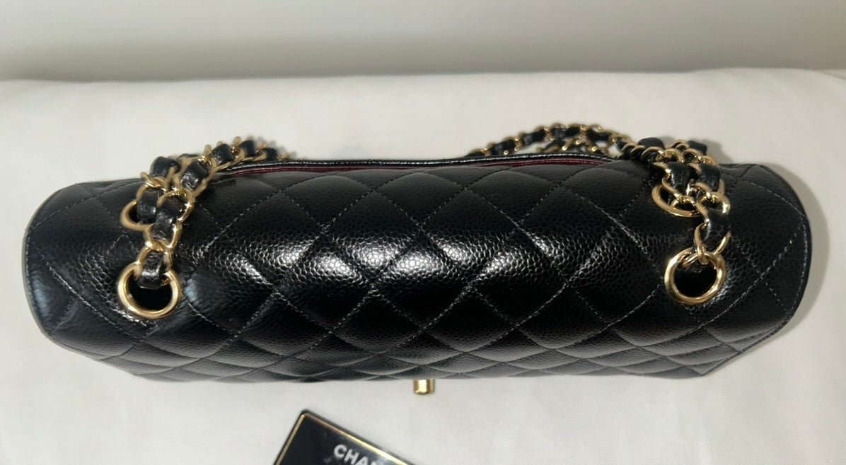 CHANEL Medium Classic Double Flap Caviar Quilted Handbag Black / Gold