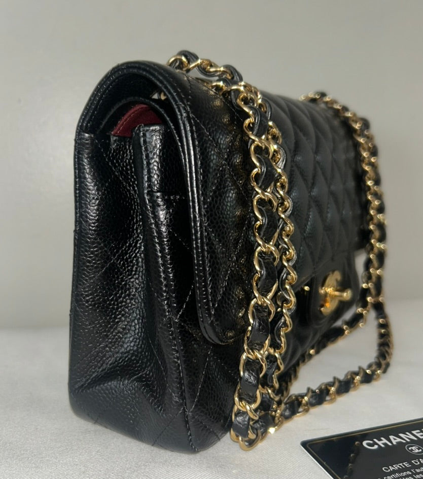CHANEL Medium Classic Double Flap Caviar Quilted Handbag Black / Gold
