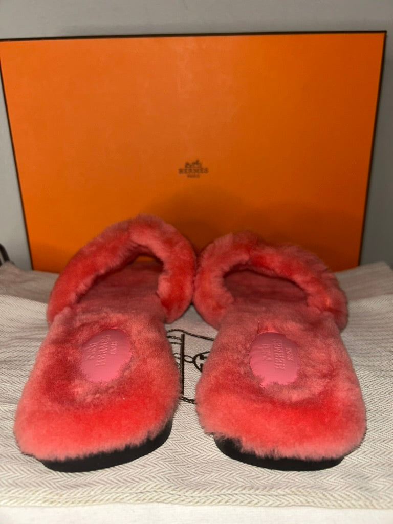 HERMES Shearling Oran Sandals Rose Du Desert Size 36