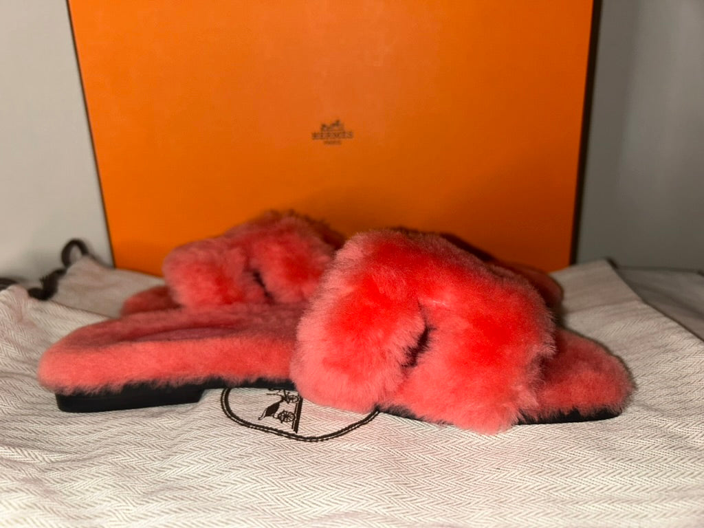 HERMES Shearling Oran Sandals Rose Du Desert Size 36