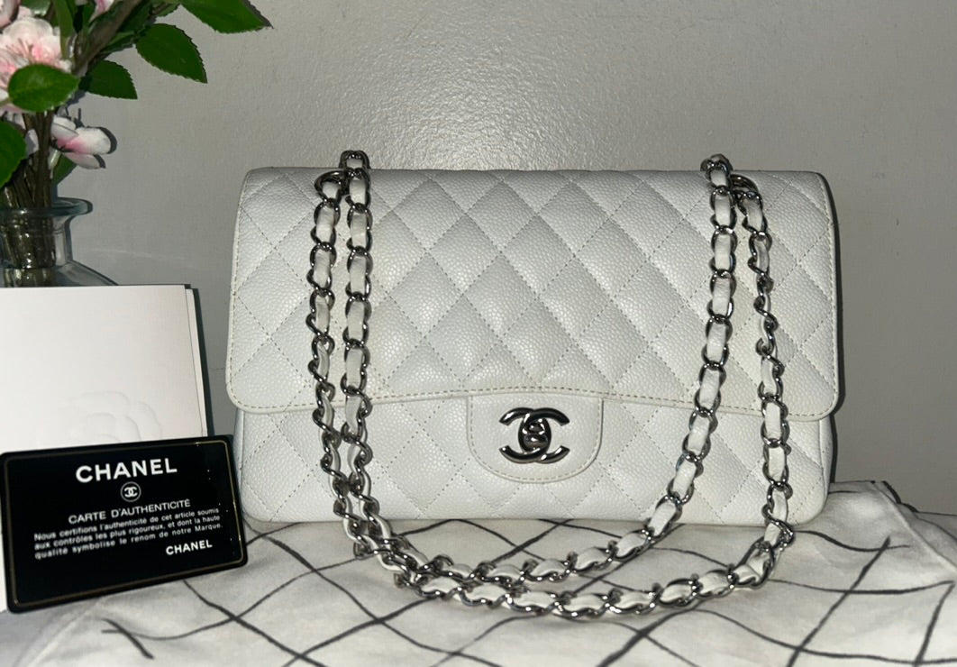 CHANEL Classic Medium Double Flap Caviar Quilted Handbag White