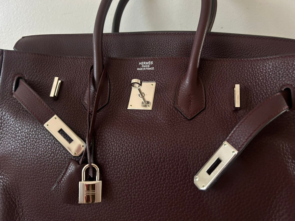 HERMÈS Birkin 35 Raisin Clemence Palladium Hardware