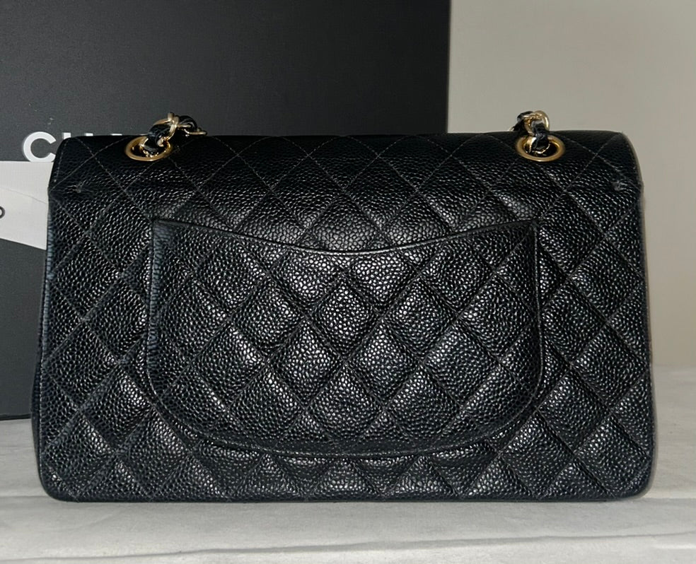 CHANEL Classic Medium Double Flap Quilted Caviar Leather Handbag Black/24K Gold