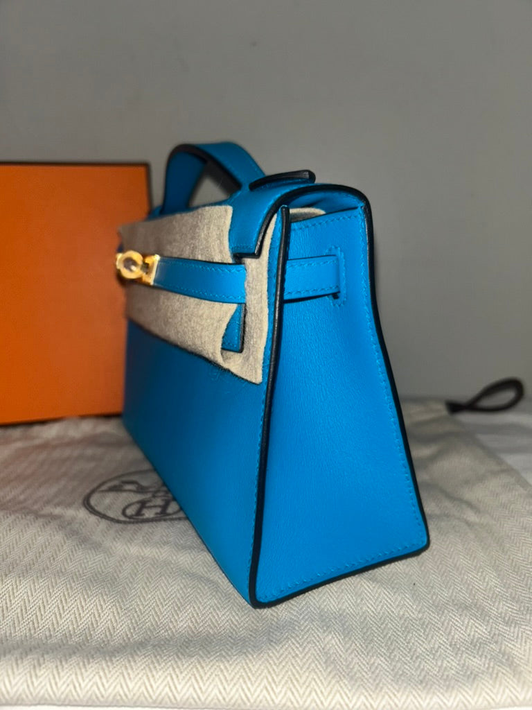 HERMES Kelly Pochette Bleu Frida Swift Leather Gold Hardware