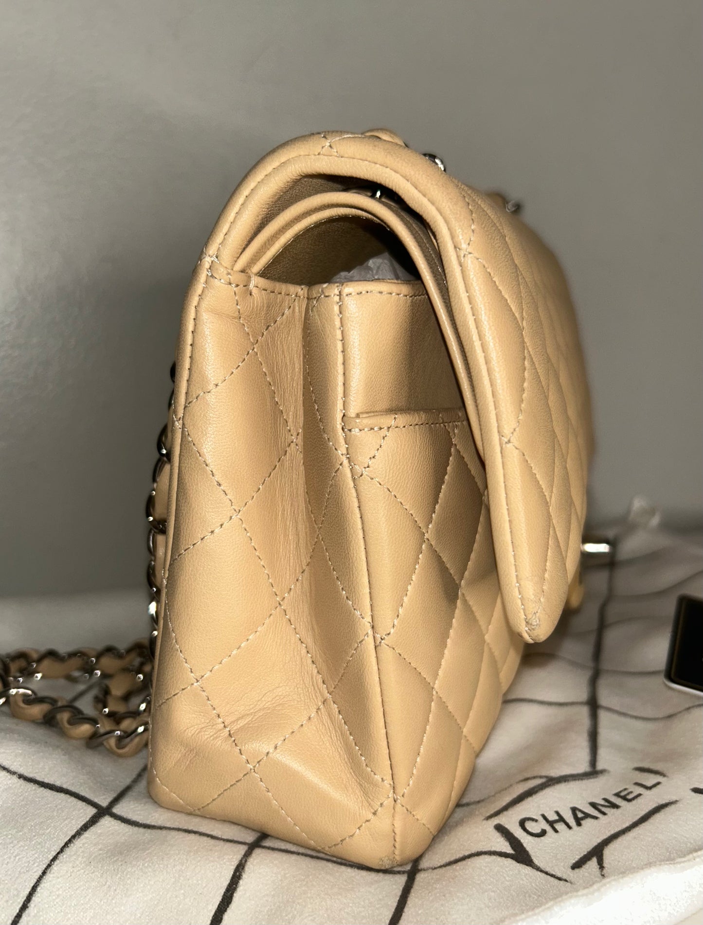 CHANEL Medium Classic Double Flap Quilted Lambskin Leather Handbag Beige Clair