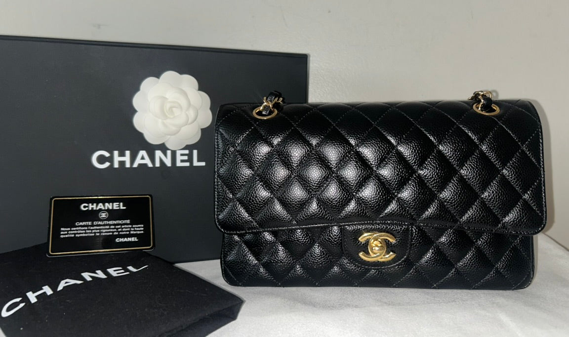 CHANEL Medium Classic Double Flap Caviar Quilted Handbag Black / Gold