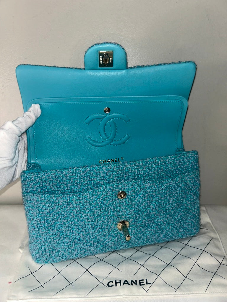 CHANEL 22K Tweed Quilted Medium Double Flap Bag Turquoise/ Gold Hardware