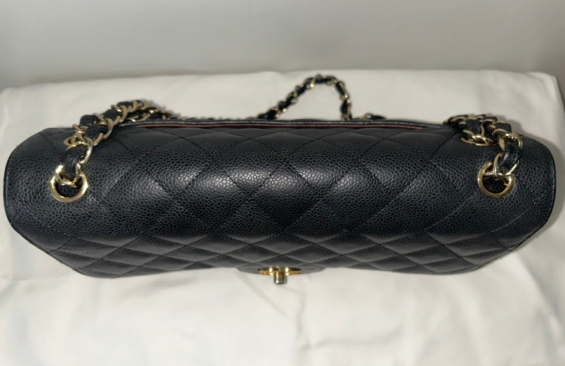 CHANEL Classic Jumbo Double Flap Quilted Caviar Leather Handbag Black/Gold