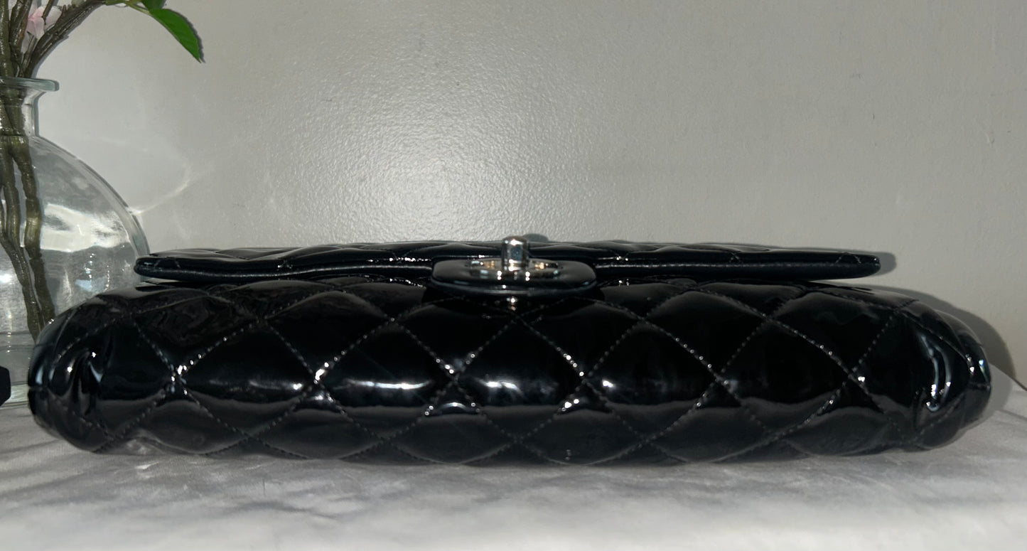 CHANEL Classic Quilted Patent Leather Single Flap Shoulder Bag Black
