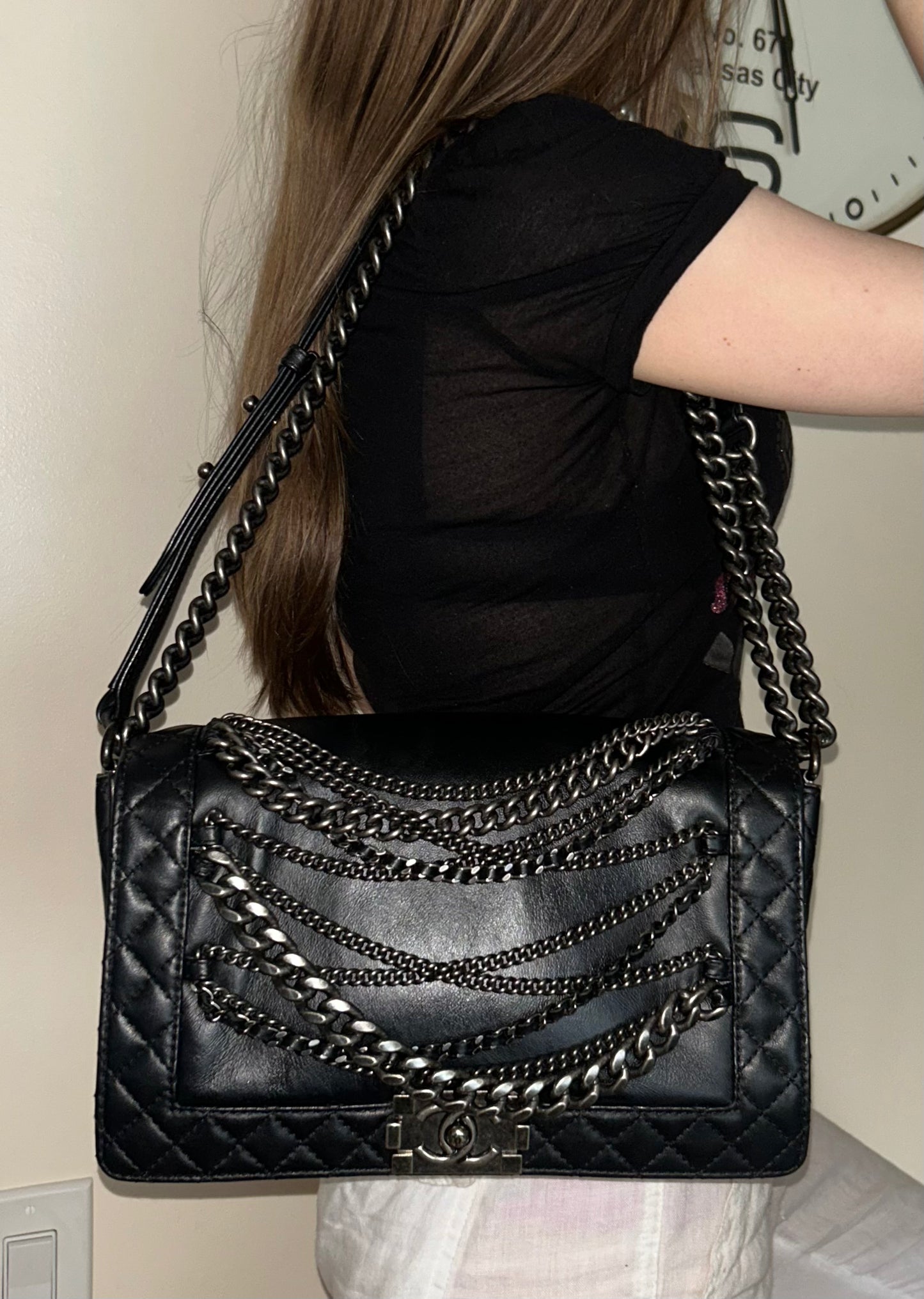 CHANEL Calfskin Enchained Chains New Medium Boy Flap Bag Black