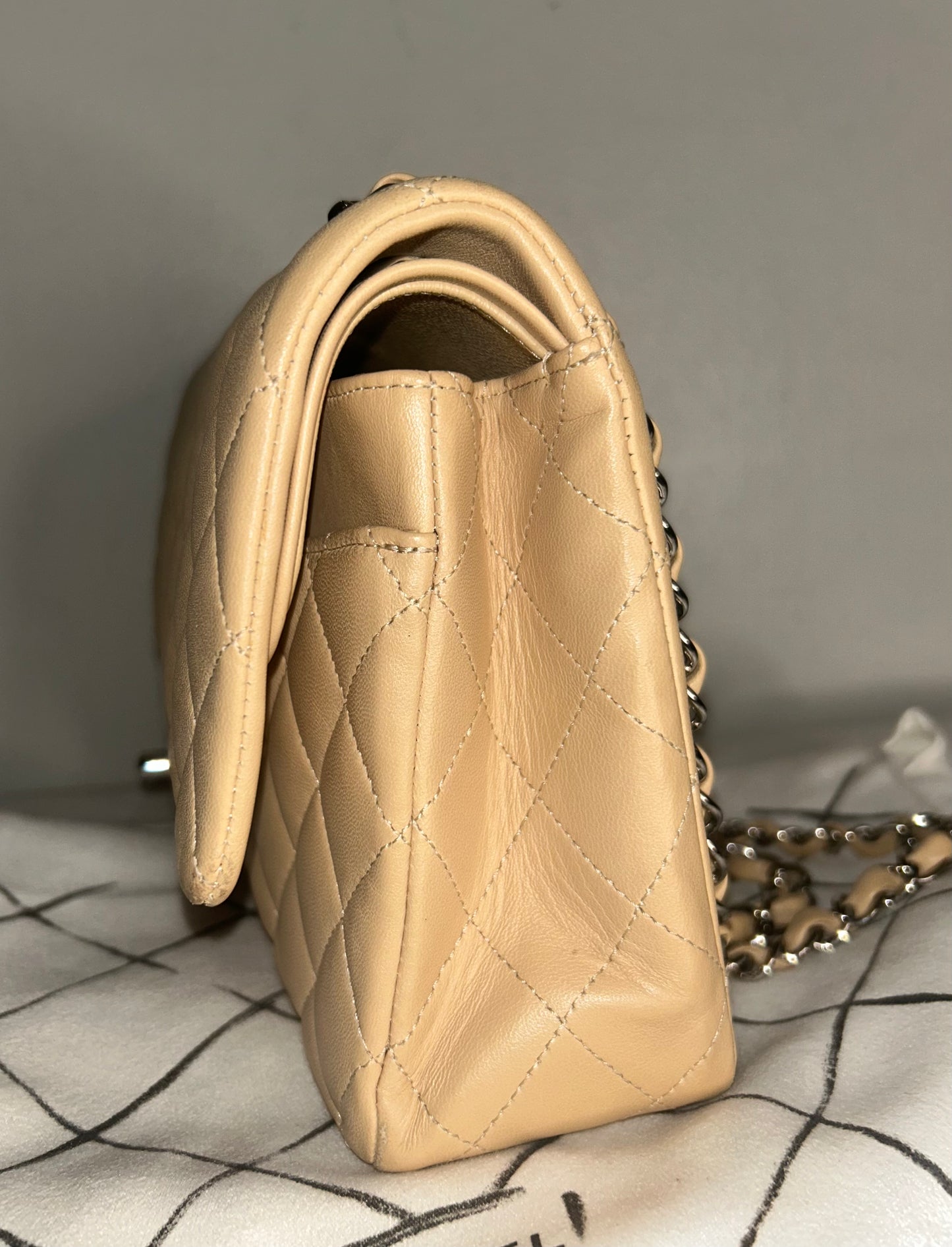 CHANEL Medium Classic Double Flap Quilted Lambskin Leather Handbag Beige Clair