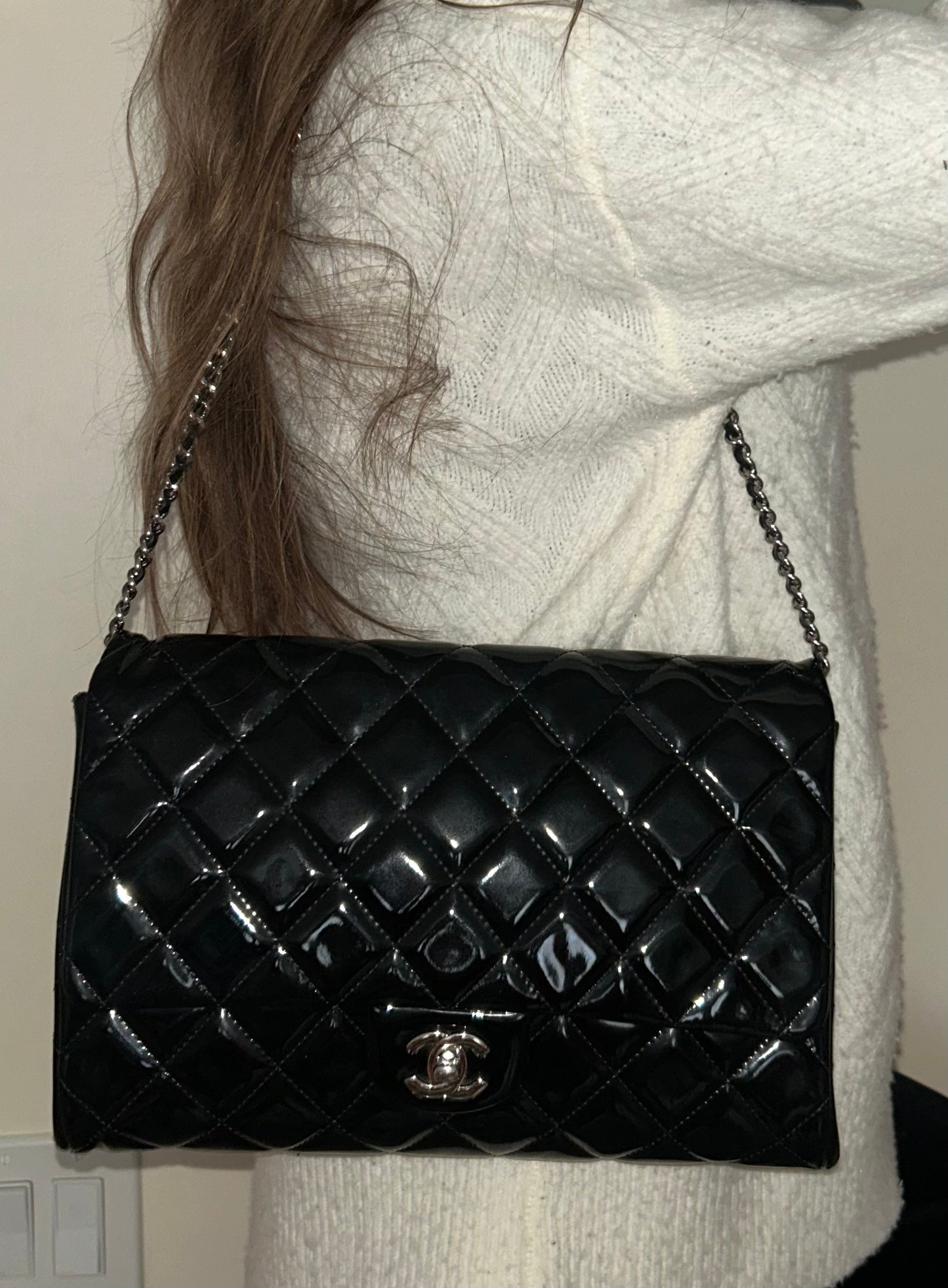 CHANEL Classic CC Quilted Flap Shoulder Bag Patent Leather Black