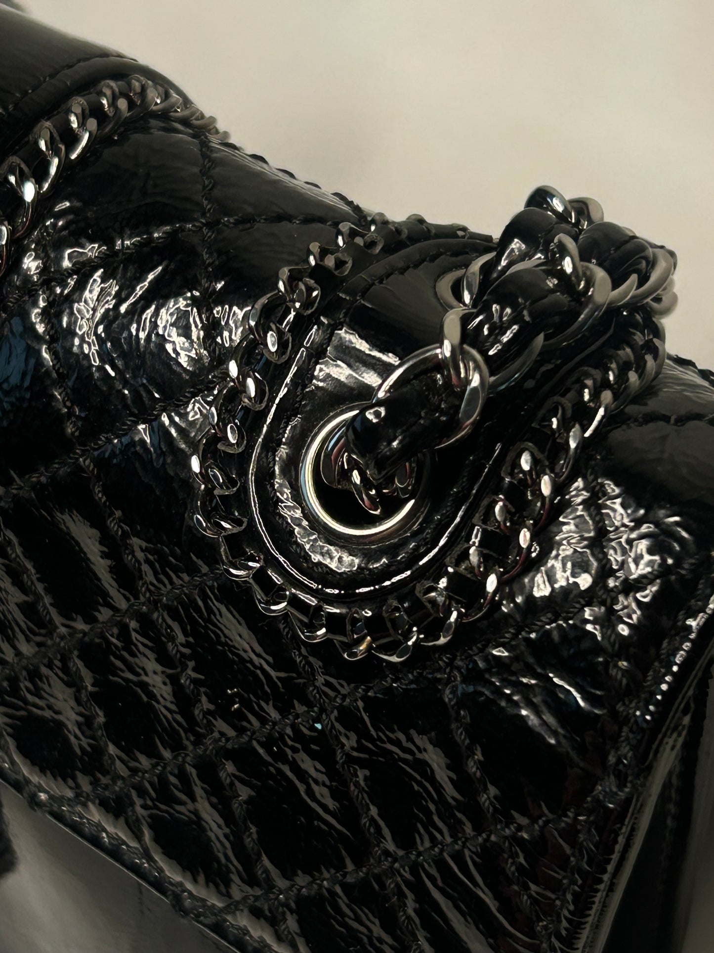 CHANEL Madison Medium Quilted Flap Shoulder Bag Patent Leather Black
