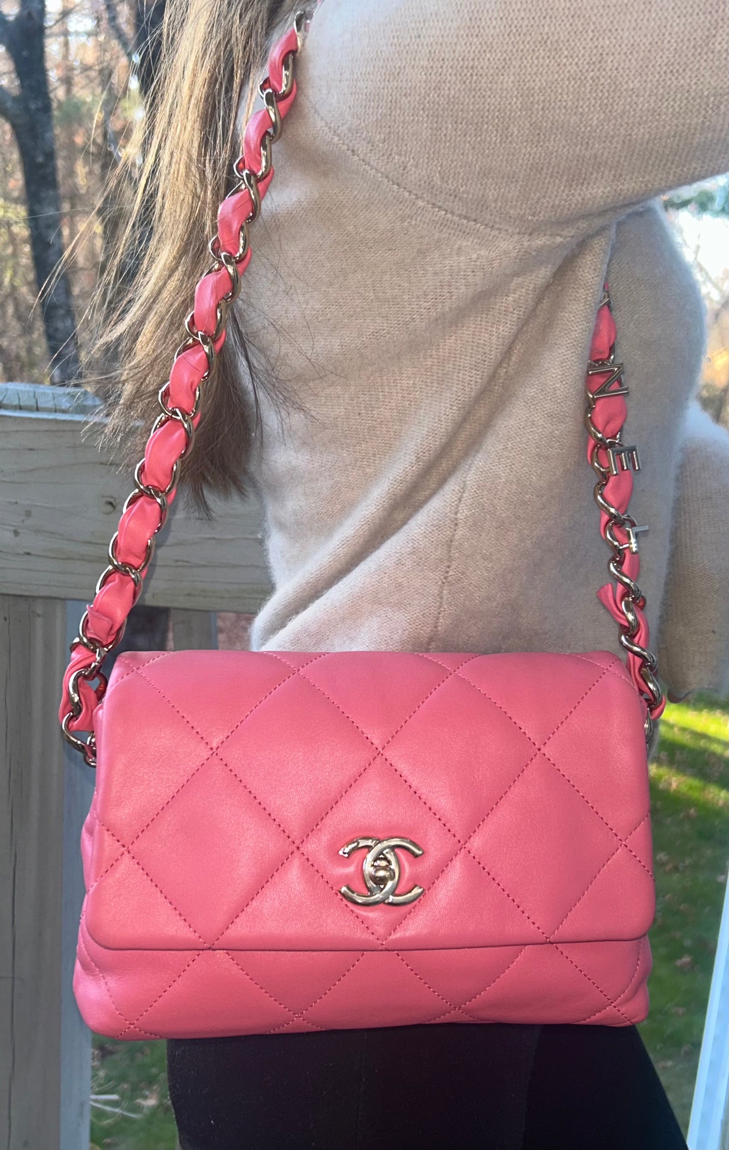 CHANEL CC Small Logo Strap Quilted Lambskin Shoulder Bag Pink / Gold Hardware