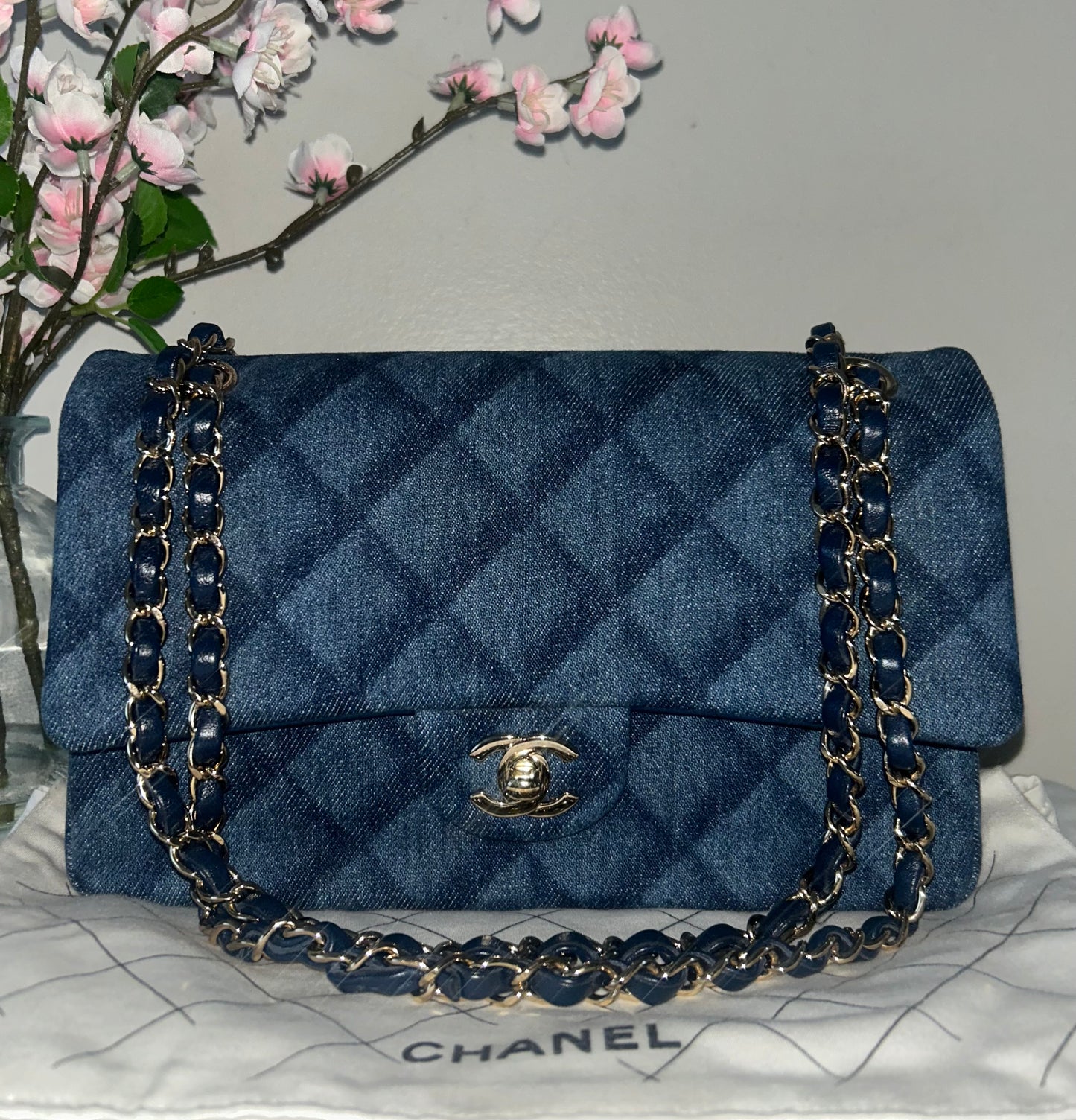 CHANEL 22K Printed Denim Quilted Medium Double Flap Bag Dark Blue/ Gold Hardware
