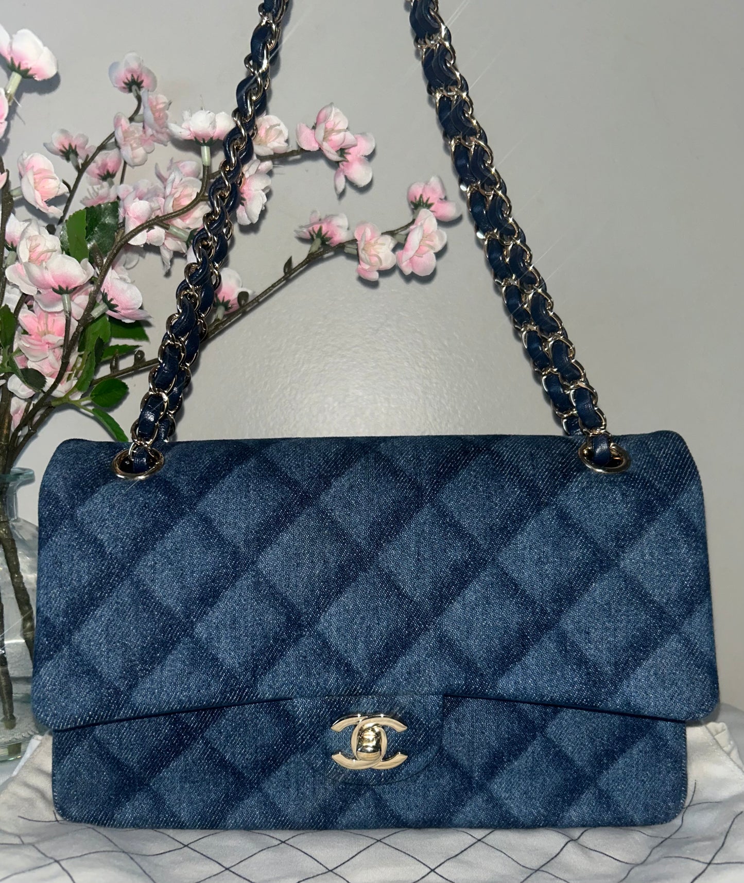 CHANEL 22K Printed Denim Quilted Medium Double Flap Bag Dark Blue/ Gold Hardware