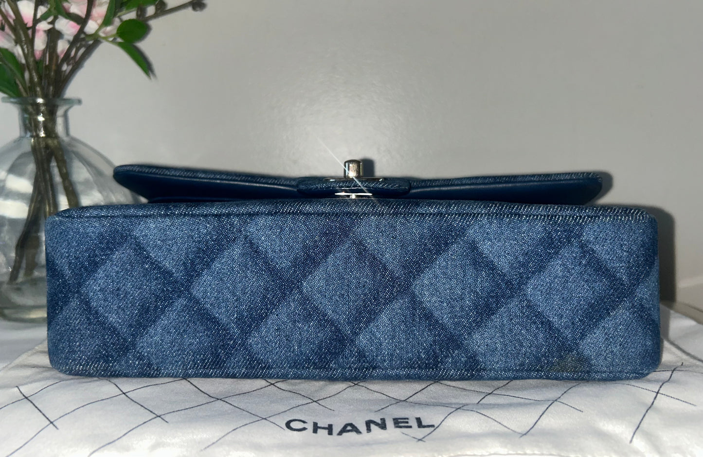 CHANEL 22K Printed Denim Quilted Medium Double Flap Bag Dark Blue/ Gold Hardware