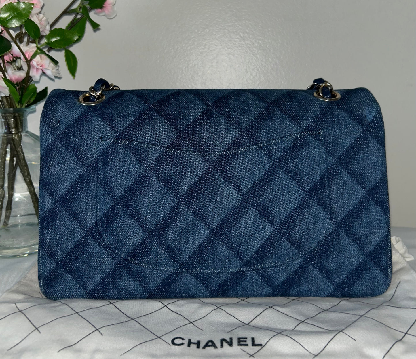 CHANEL 22K Printed Denim Quilted Medium Double Flap Bag Dark Blue/ Gold Hardware
