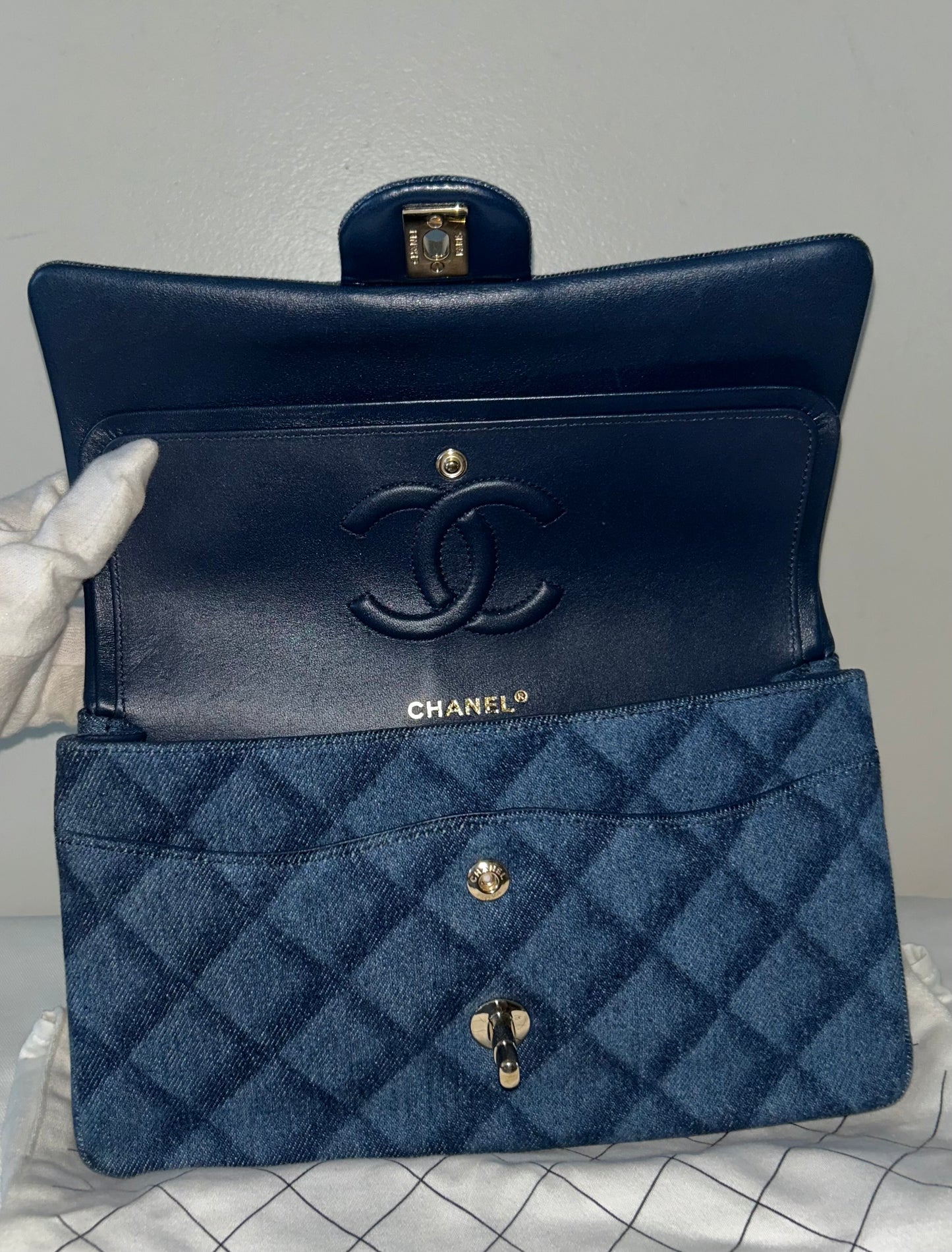 CHANEL 22K Printed Denim Quilted Medium Double Flap Bag Dark Blue/ Gold Hardware