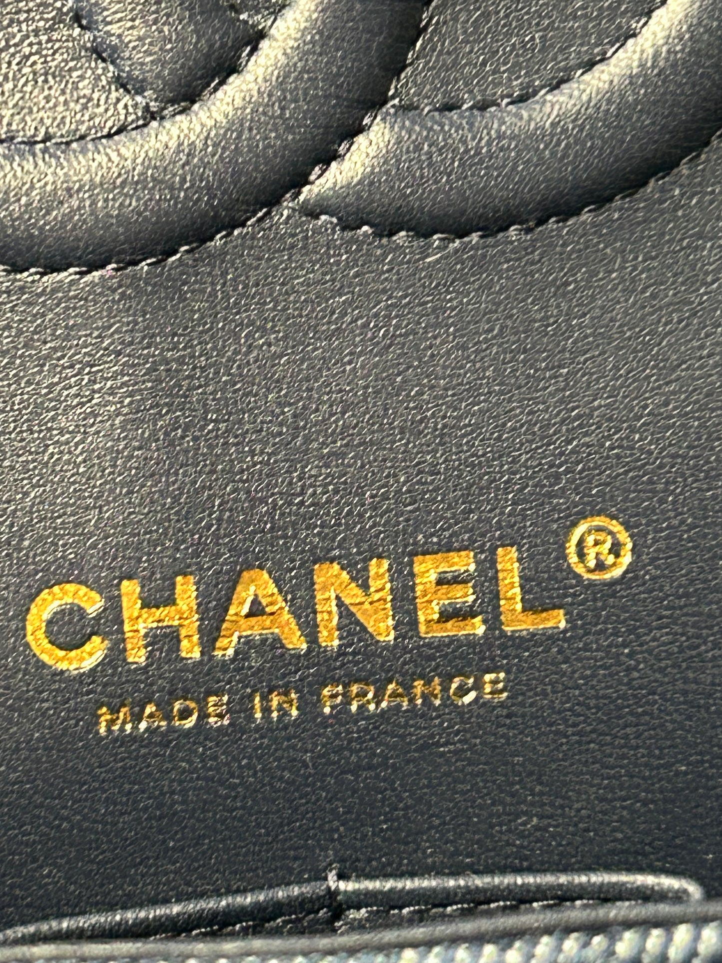 CHANEL 22K Printed Denim Quilted Medium Double Flap Bag Dark Blue/ Gold Hardware