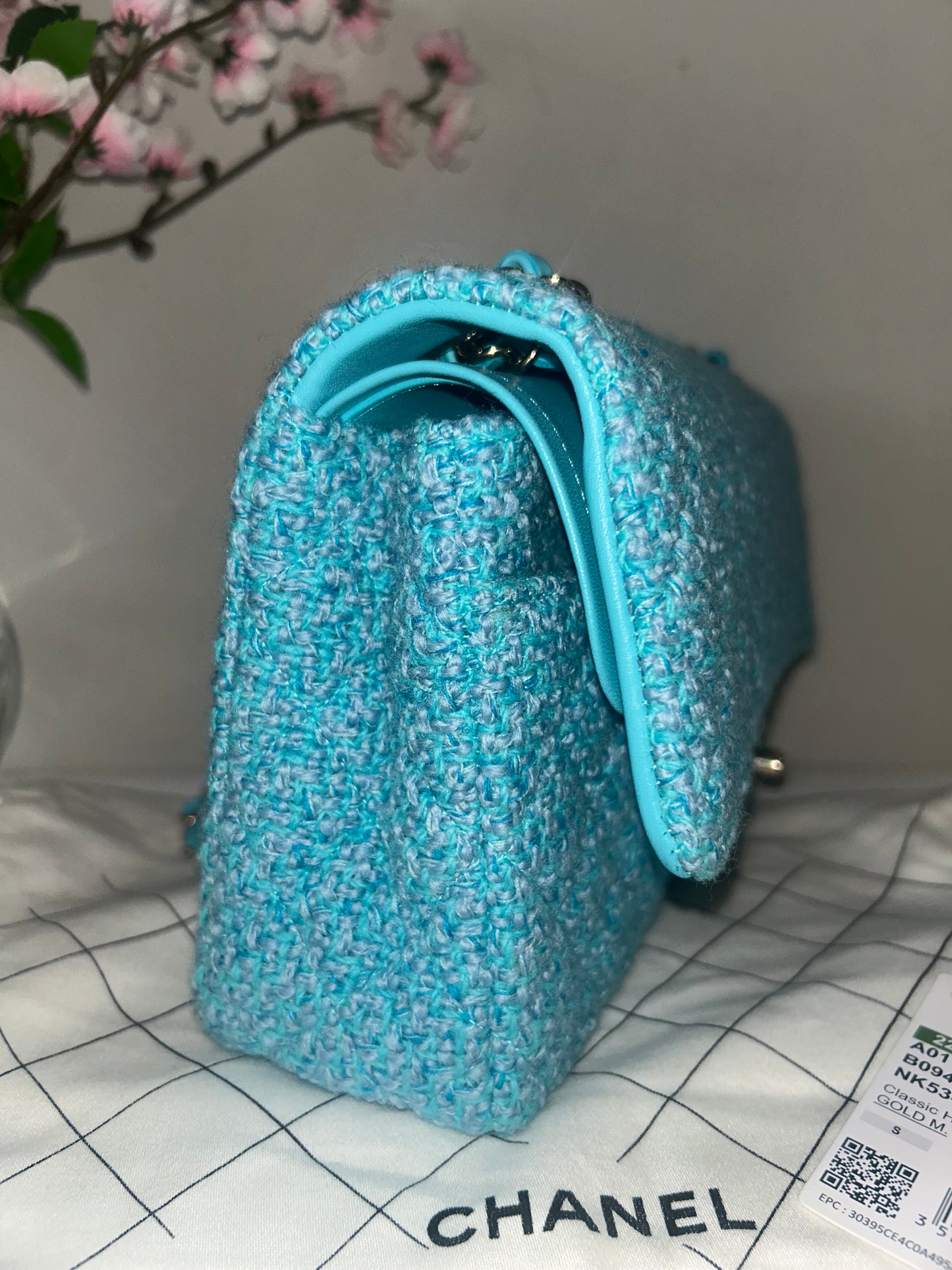 CHANEL 22K Tweed Quilted Medium Double Flap Bag Turquoise/ Gold Hardware