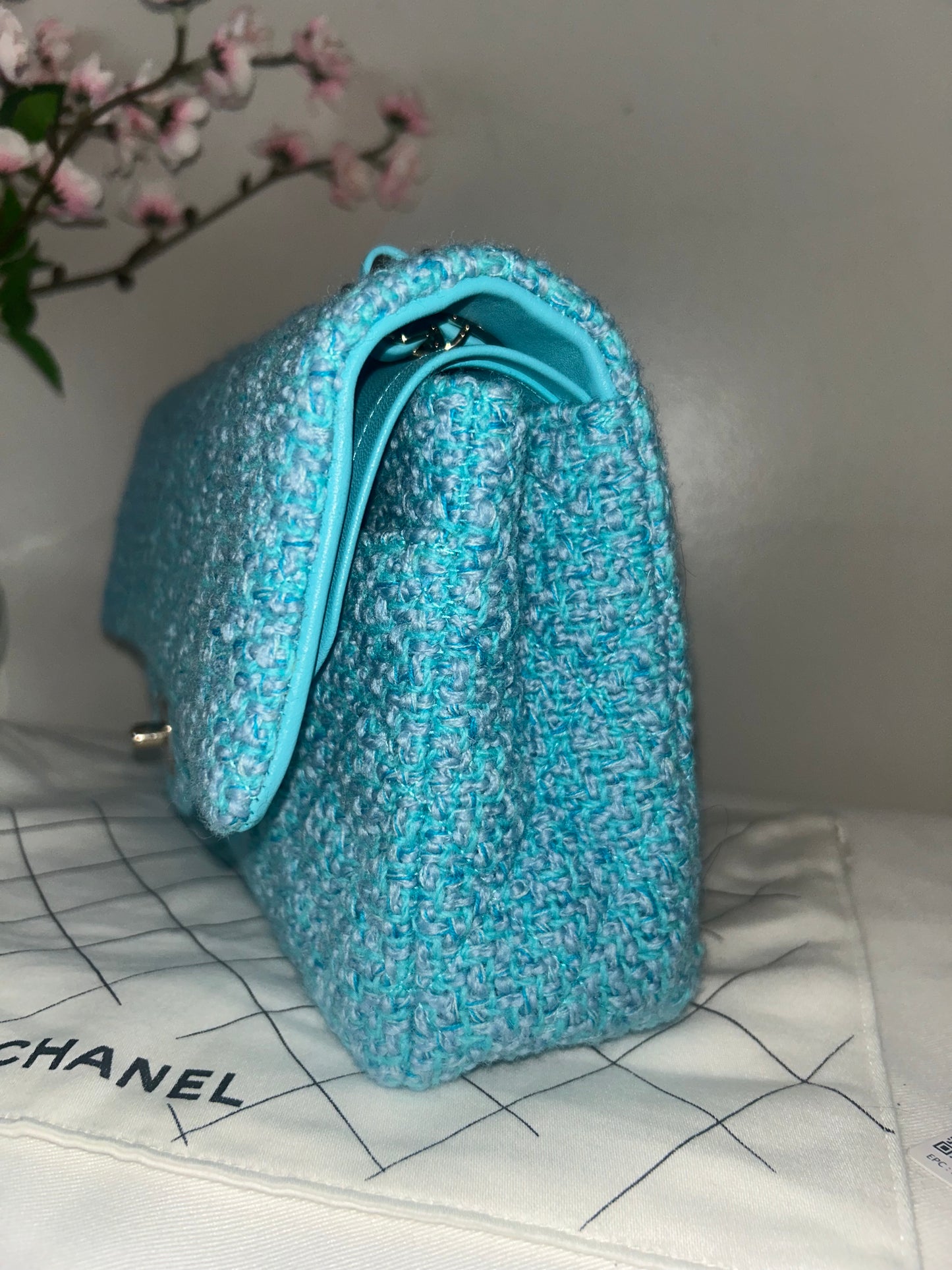 CHANEL 22K Tweed Quilted Medium Double Flap Bag Turquoise/ Gold Hardware