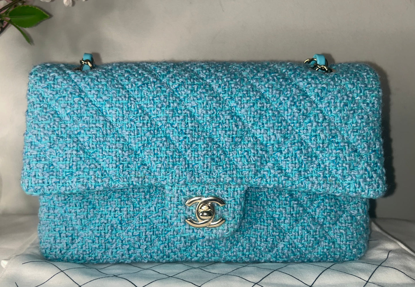 CHANEL 22K Tweed Quilted Medium Double Flap Bag Turquoise/ Gold Hardware