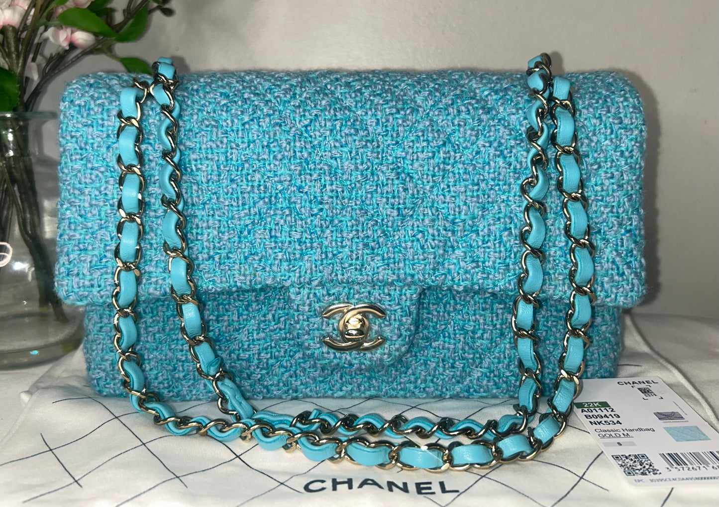 CHANEL 22K Tweed Quilted Medium Double Flap Bag Turquoise/ Gold Hardware
