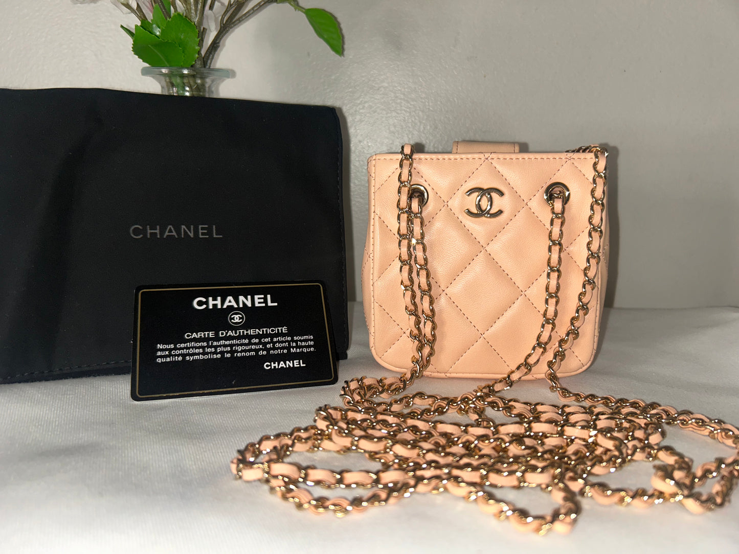 CHANEL Tiny Shopper Clutch With Chain Crossbody Quilted Lambskin Pale Pink