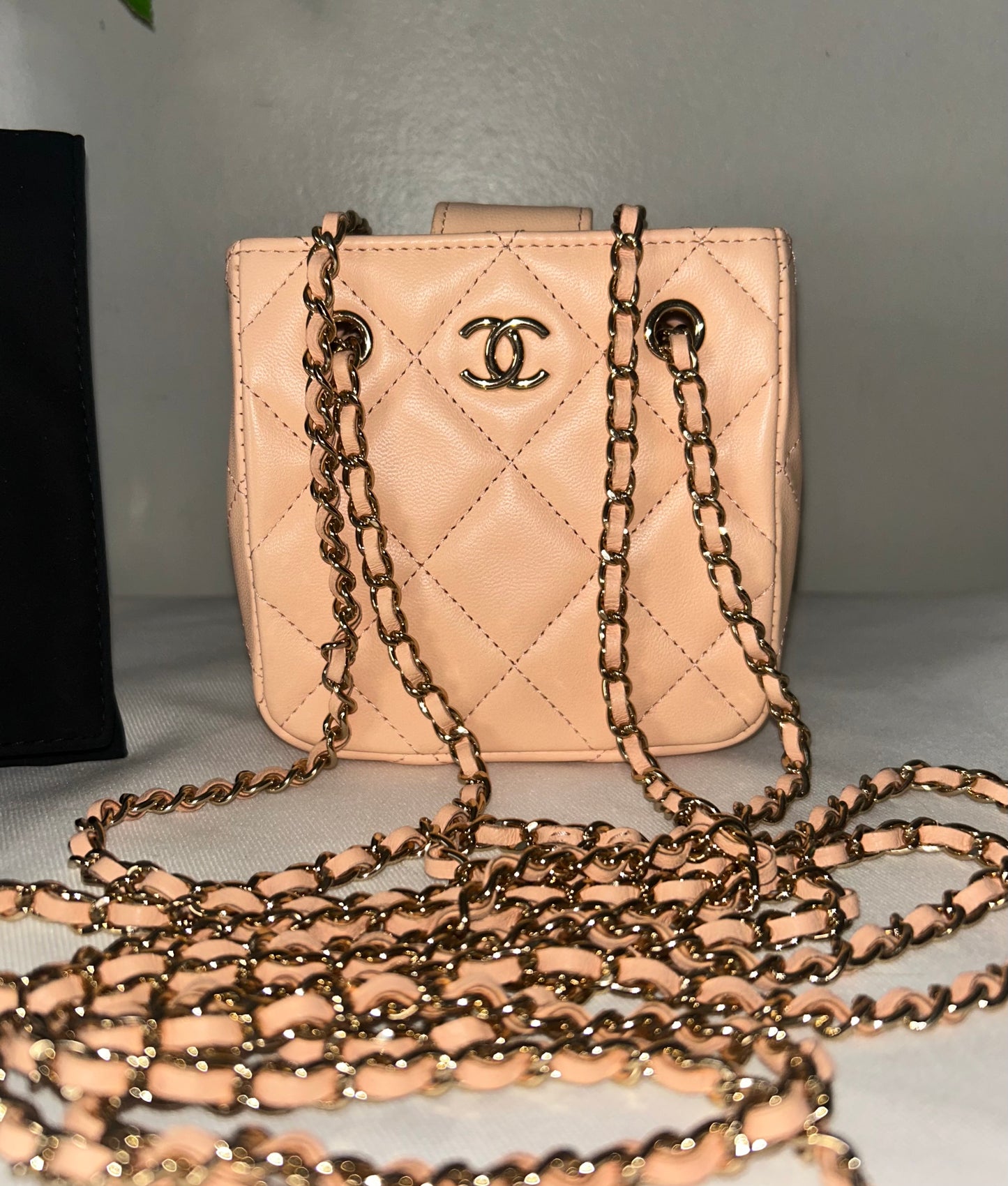 CHANEL Tiny Shopper Clutch With Chain Crossbody Quilted Lambskin Pale Pink