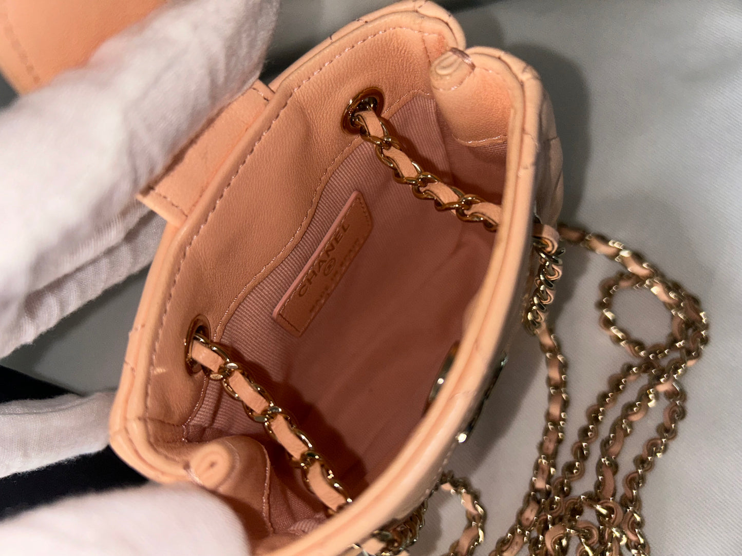 CHANEL Tiny Shopper Clutch With Chain Crossbody Quilted Lambskin Pale Pink