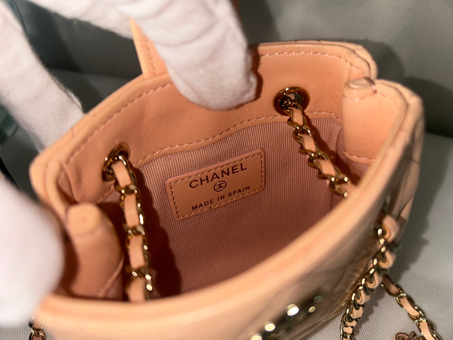 CHANEL Tiny Shopper Clutch With Chain Crossbody Quilted Lambskin Pale Pink