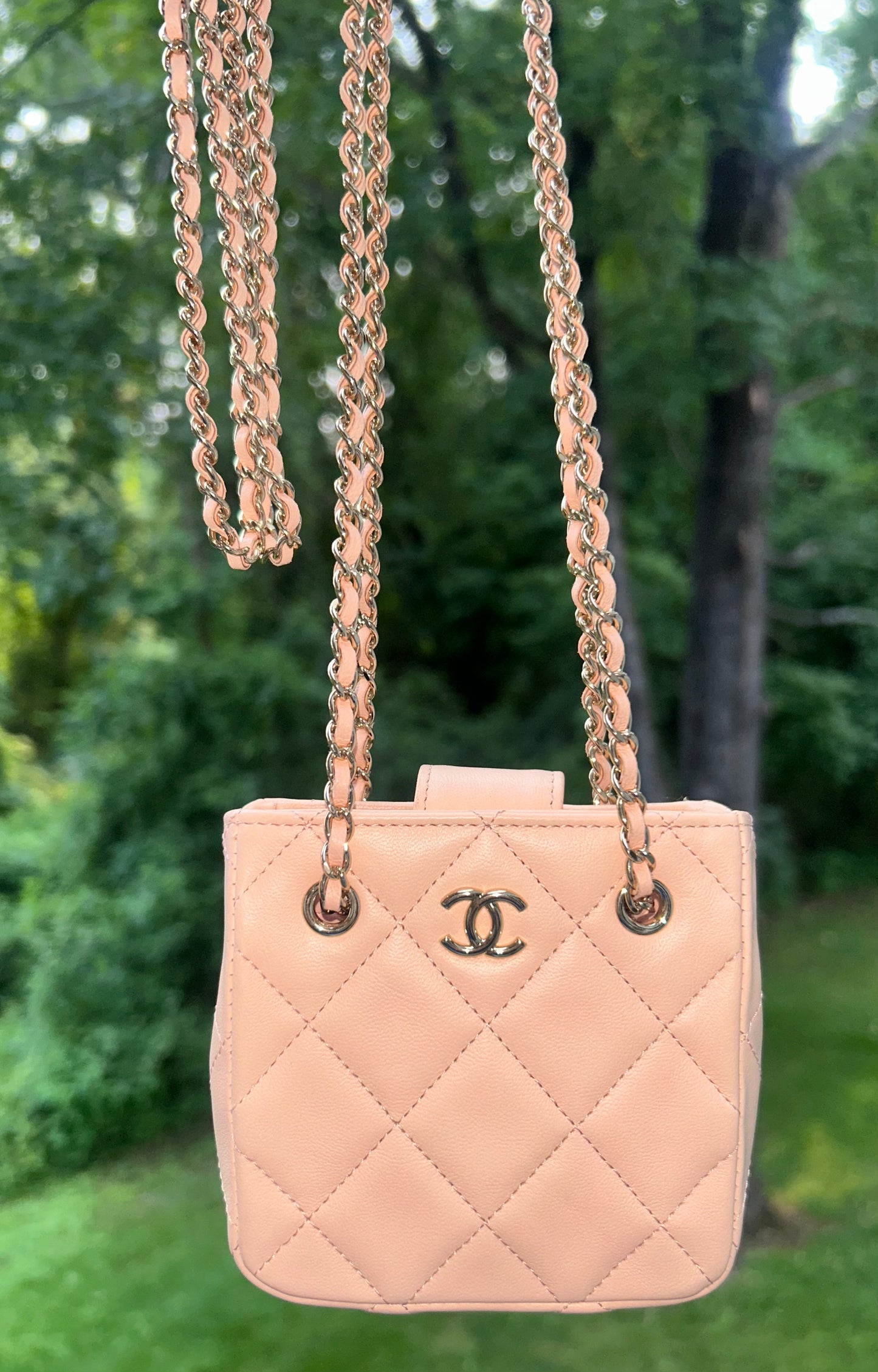 CHANEL Tiny Shopper Clutch With Chain Crossbody Quilted Lambskin Pale Pink