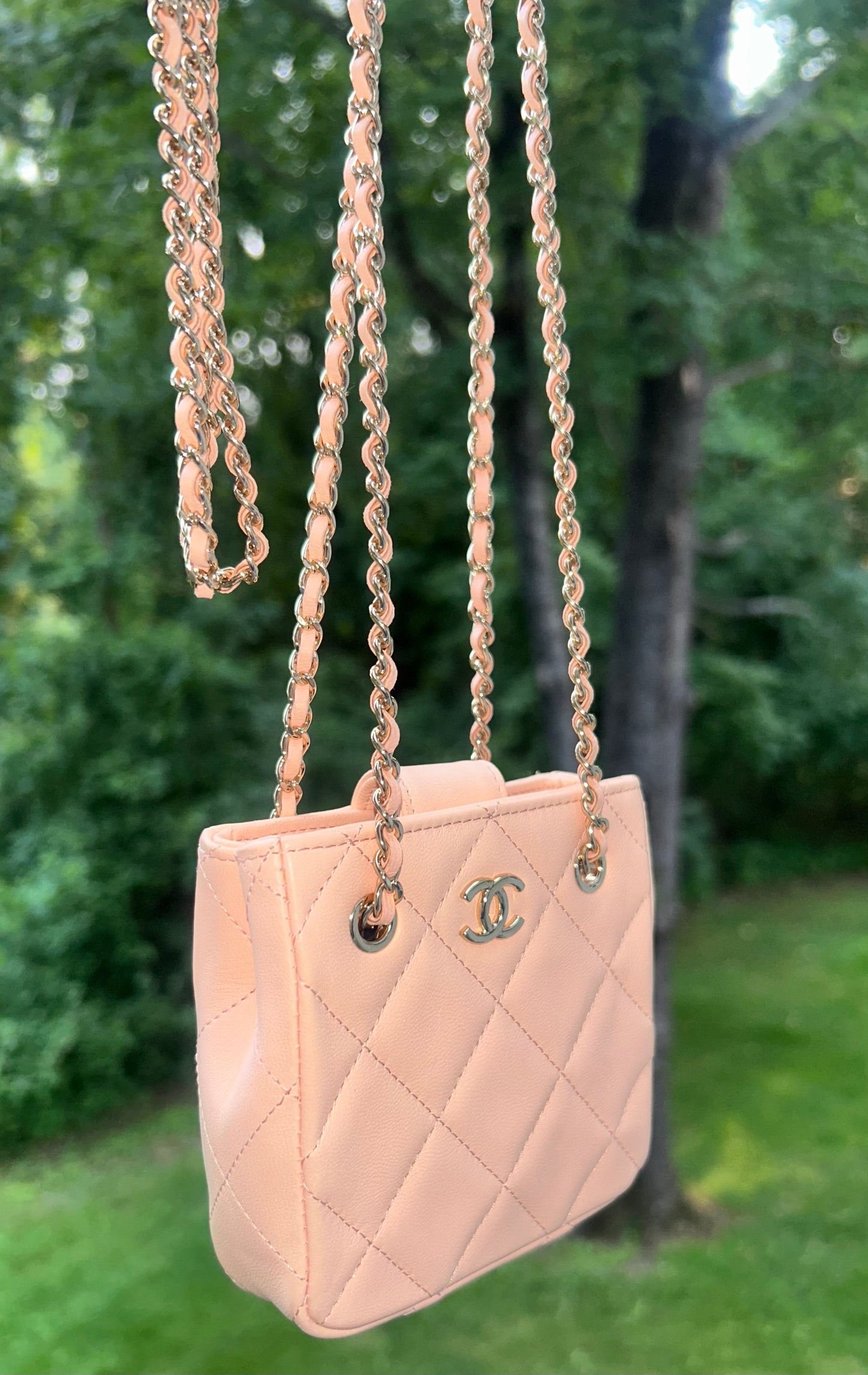 CHANEL Tiny Shopper Clutch With Chain Crossbody Quilted Lambskin Pale Pink