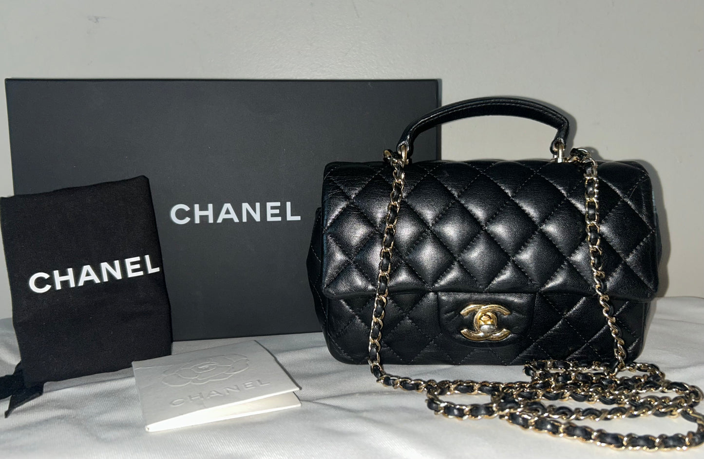 CHANEL Mini Rectangular Flap Bag with Top Handle Quilted Lambskin Black