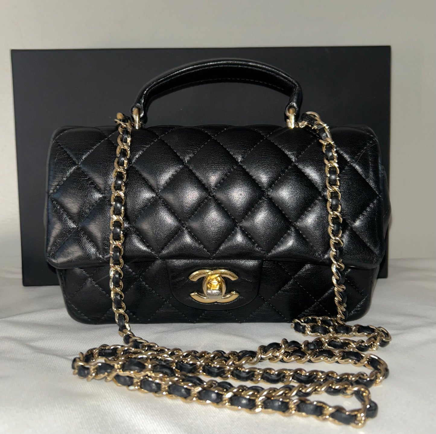 CHANEL Mini Rectangular Flap Bag with Top Handle Quilted Lambskin Black