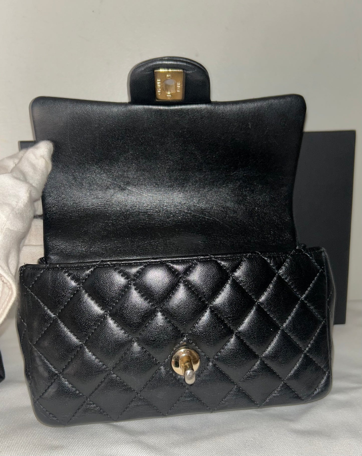 CHANEL Mini Rectangular Flap Bag with Top Handle Quilted Lambskin Black