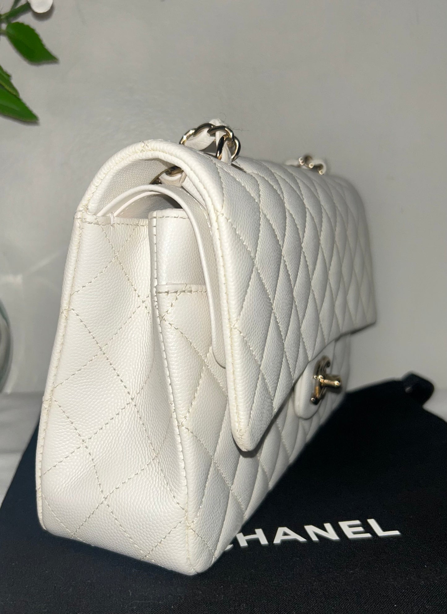 CHANEL Medium Classic Double Flap Caviar Quilted Handbag White / Light Gold HW