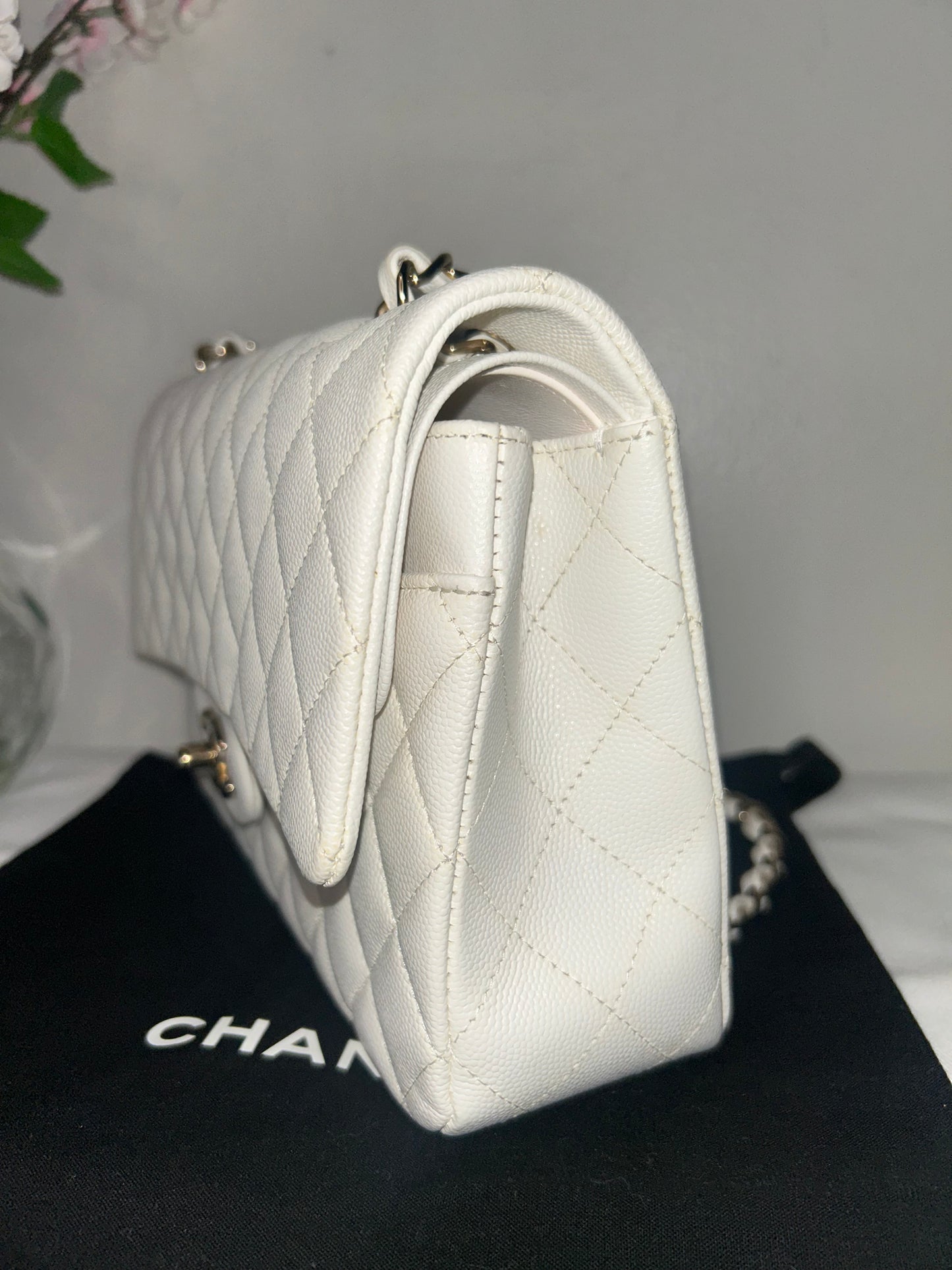 CHANEL Medium Classic Double Flap Caviar Quilted Handbag White / Light Gold HW
