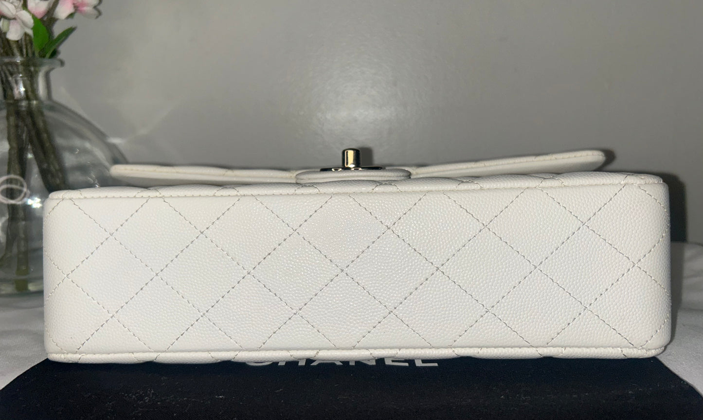 CHANEL Medium Classic Double Flap Caviar Quilted Handbag White / Light Gold HW