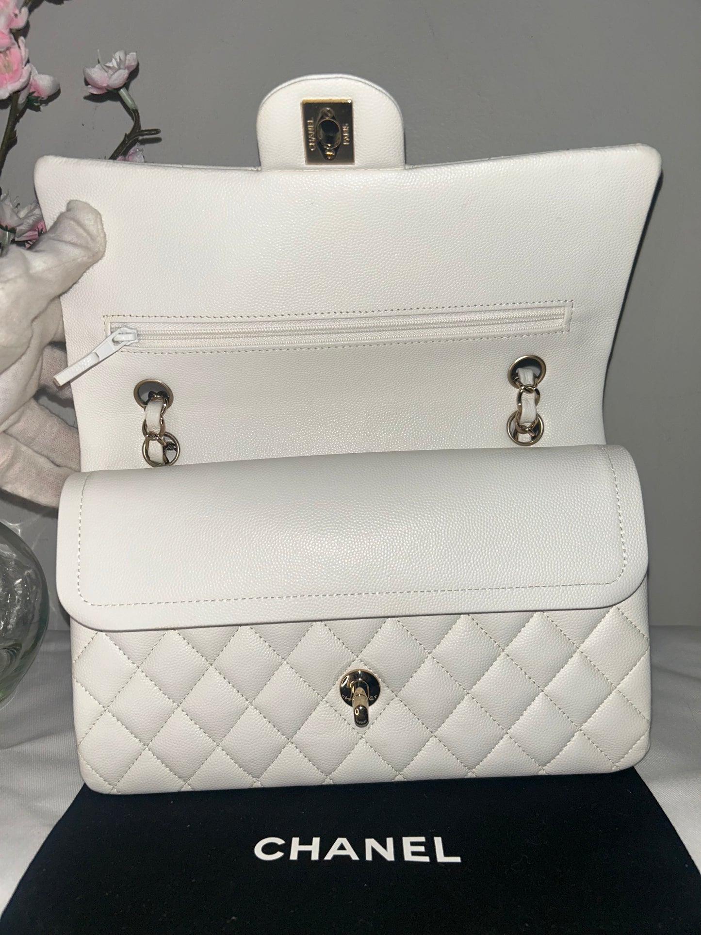 CHANEL Medium Classic Double Flap Caviar Quilted Handbag White / Light Gold HW