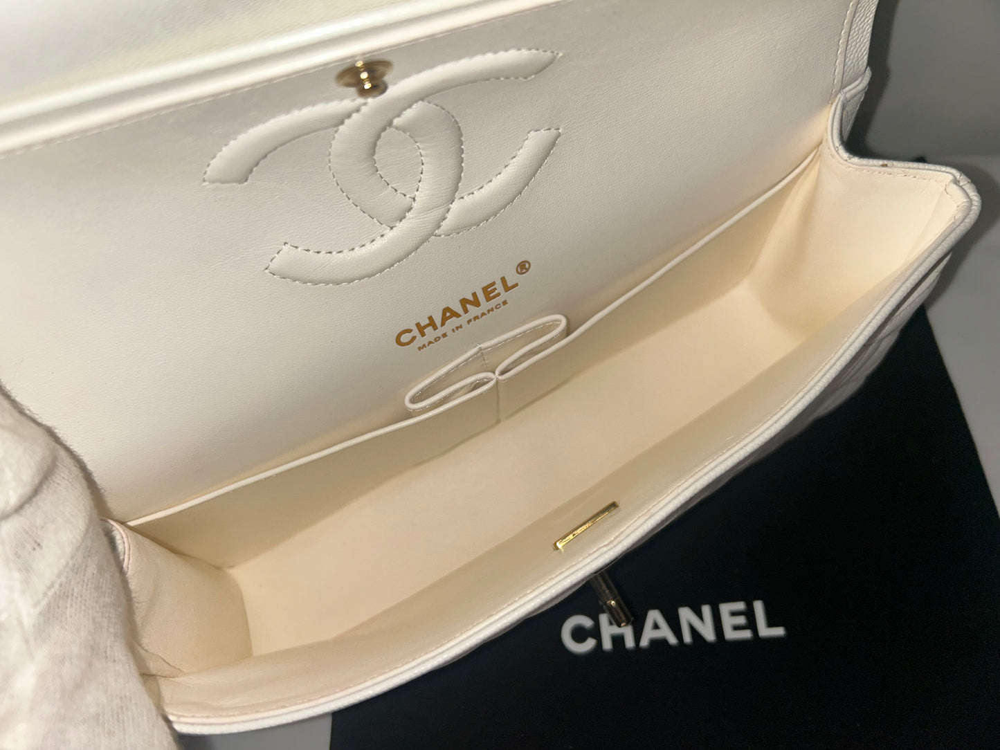 CHANEL Medium Classic Double Flap Caviar Quilted Handbag White / Light Gold HW