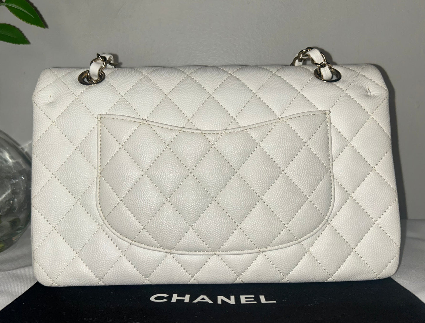 CHANEL Medium Classic Double Flap Caviar Quilted Handbag White / Light Gold HW