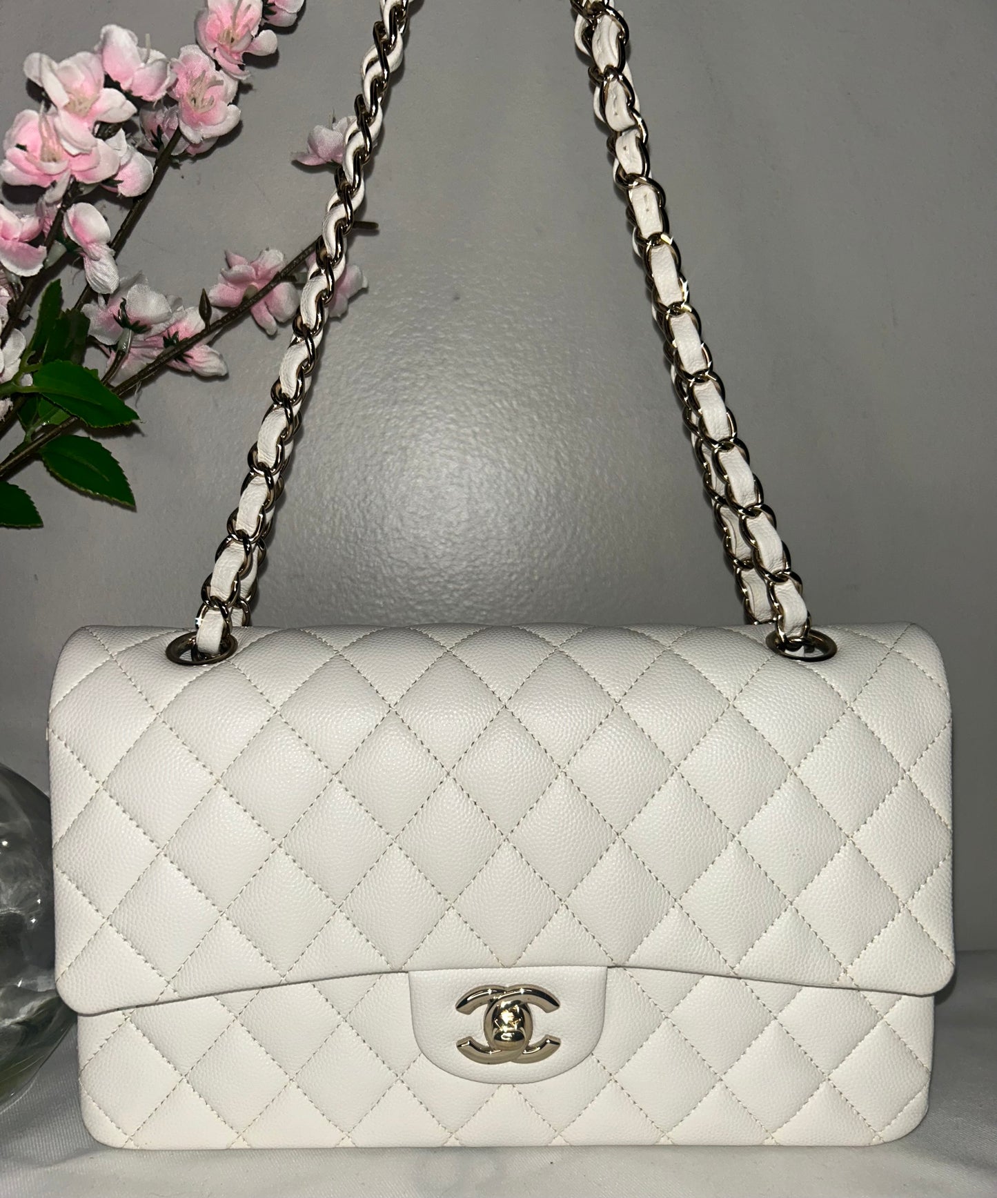CHANEL Medium Classic Double Flap Caviar Quilted Handbag White / Light Gold HW