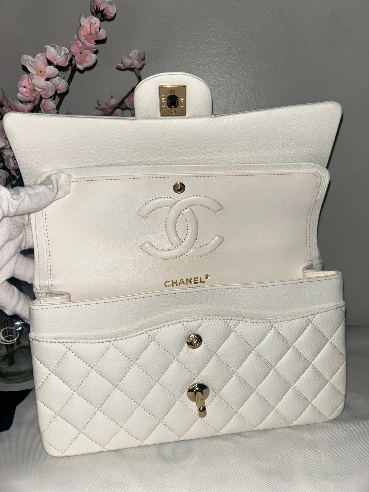 CHANEL Medium Classic Double Flap Caviar Quilted Handbag White / Light Gold HW
