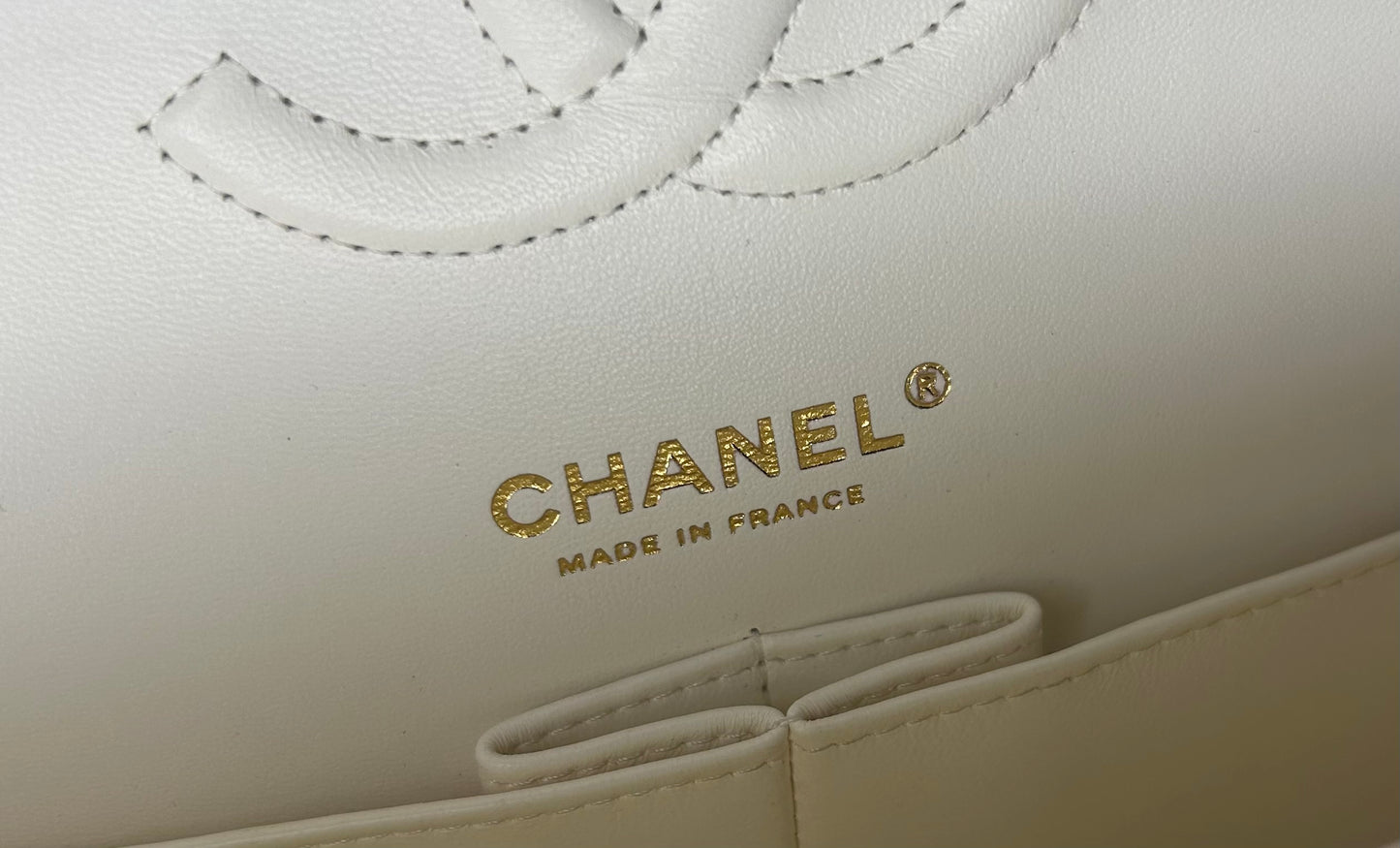 CHANEL Medium Classic Double Flap Caviar Quilted Handbag White / Light Gold HW