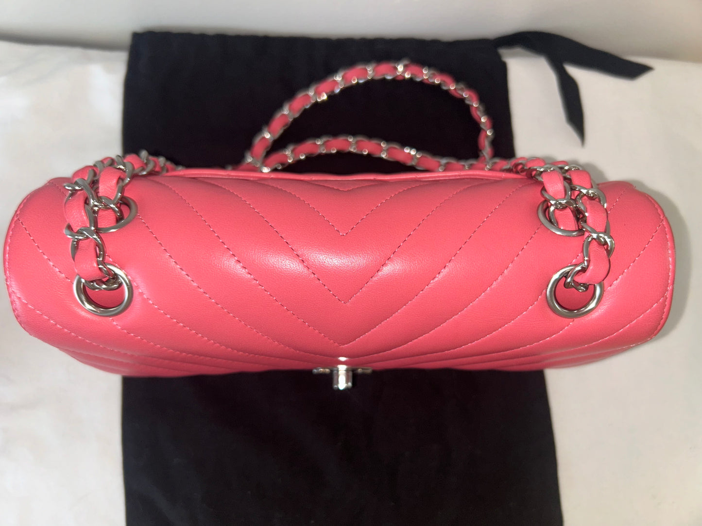 CHANEL Classic CC Small Double Flap Chevron Quilted Handbag Pink