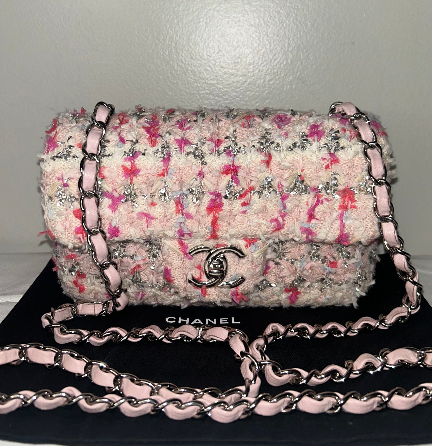 CHANEL Classic Tweed Quilted Mini Rectangular Flap Bag Light Pink