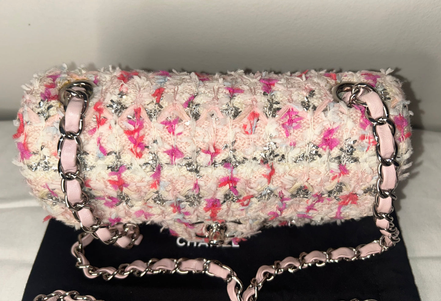 CHANEL Classic Tweed Quilted Mini Rectangular Flap Bag Light Pink
